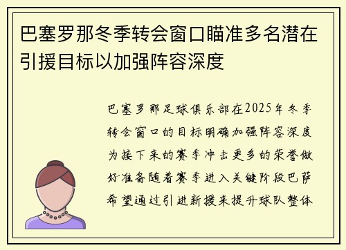 巴塞罗那冬季转会窗口瞄准多名潜在引援目标以加强阵容深度