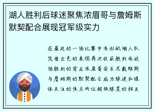 湖人胜利后球迷聚焦浓眉哥与詹姆斯默契配合展现冠军级实力