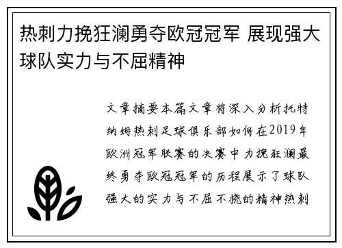 热刺力挽狂澜勇夺欧冠冠军 展现强大球队实力与不屈精神